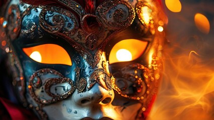 Venetian mask, fire background, mystery, celebration, event promotion