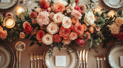 Elegant wedding table with floral centerpiece and fine china, radiating timeless romance and sophistication