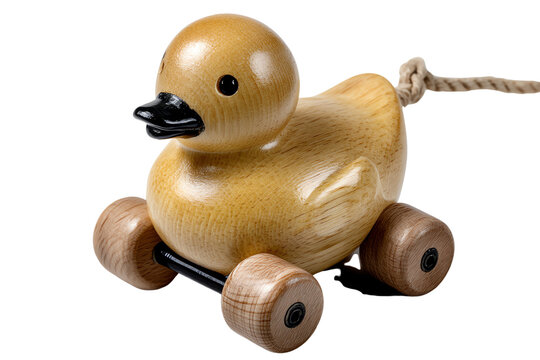 Wooden duck toy with wheels on a white isolated background.