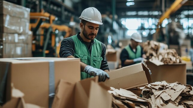 Workers in a factory sorting cardboard waste materials for recycling in a warehouse