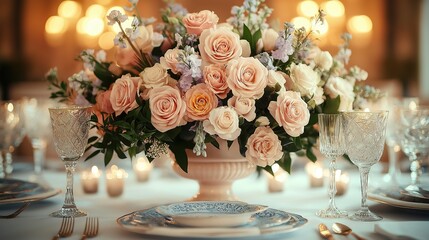 Elegant wedding table with floral centerpiece and fine china, radiating timeless romance and sophistication