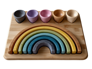 Wooden rainbow puzzle with colorful pieces on a bamboo board, white isolated background.