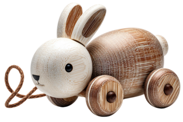 Wooden rabbit toy with wheels on a white isolated background.