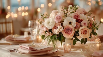 Elegant wedding table with floral centerpiece and fine china, radiating timeless romance and sophistication