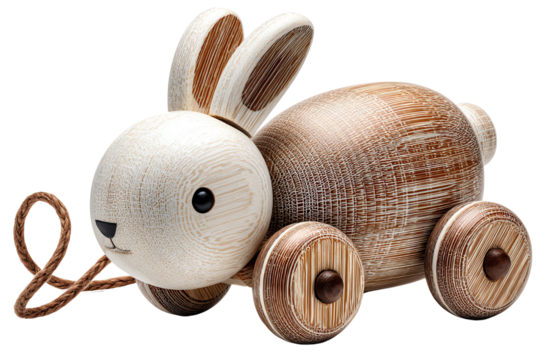 Wooden rabbit toy with wheels on a white isolated background.