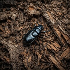 A beetle under bark, winter hibernation, isolated