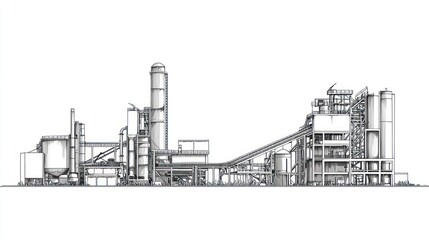 Industrial plant drawing, exterior view, architecture, engineering