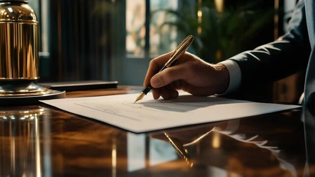 A man is writing on a piece of paper with a pen. Concept of formality and professionalism, as the man is dressed in a suit and writing on a desk