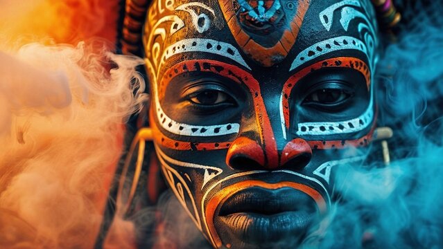 African woman, painted face, smoky background, cultural portrait, diversity