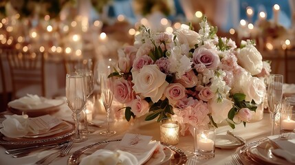 Elegant wedding table with floral centerpiece and fine china, radiating timeless romance and sophistication