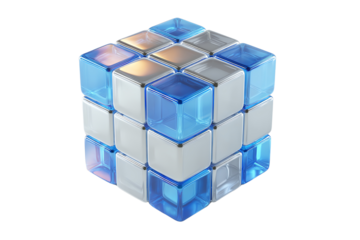 3D blue and silver transparent cube puzzle on white isolated background.