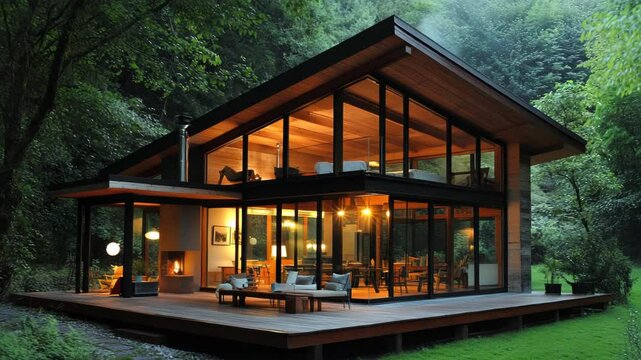 A large house with a lot of windows and a fireplace. The house is surrounded by trees and has a lot of natural light coming in