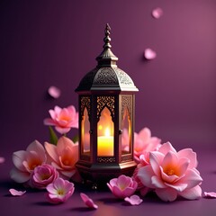 A lit lantern amidst pink flowers