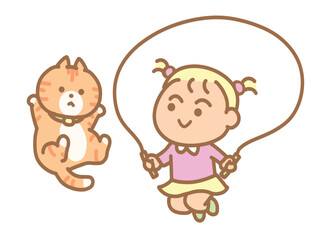 Little girl  jumping rope with cat for Clip art.