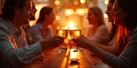 Friends raising glasses for a toast at a dimly lit table with candles