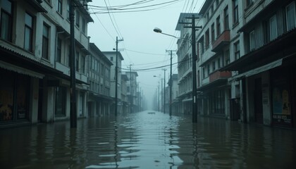 Naklejka premium Flooded Urban Street Scene with Buildings and Utility Poles