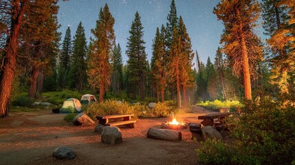 Twilight campsite with glowing embers and starry sky, a serene escape into nature's embrace