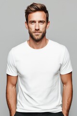 Fototapeta premium Confident man posing in white t-shirt against grey background with thoughtful expression, short hair and neat beard, exuding relaxed style and modern sophistication.