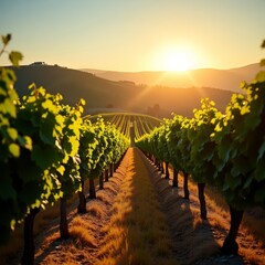 Sunset over vineyard with green leaves