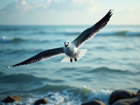 Seagull flying over ocean waves