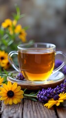 A cup of tea with a floral arrangement beside it