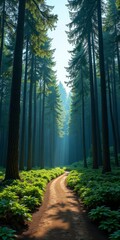 Sunlight streaming down on a forest path