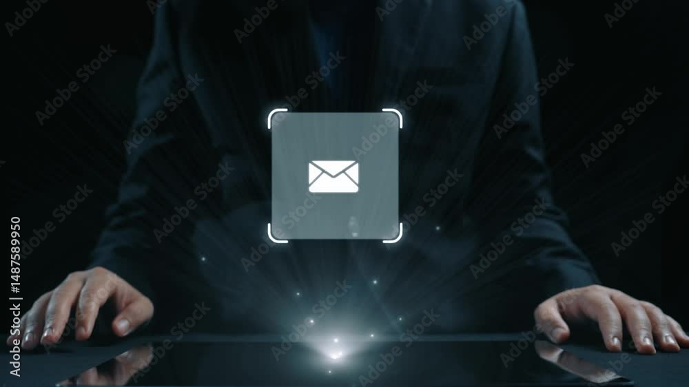 Poster business person checking email inbox, organizing and prioritizing messages for better productivity. 