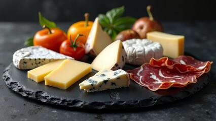 Assorted cheeses on a black tray with fruits and vegetables