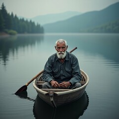 Elderly man with white beard in rowboat