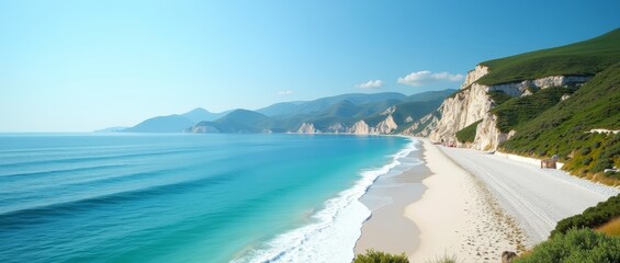 Beautiful beach with turquoise waters and a rocky coastline, perfect for hiking or a scenic view