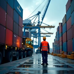 A worker in a yellow vest stands on a wet dock between blue containers