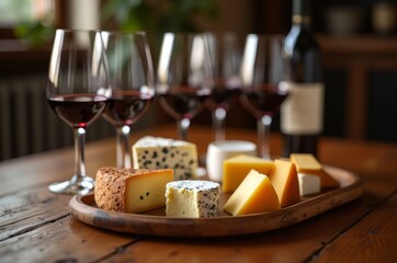 Wine glasses with red wine, cheese selection on a wooden plate, and a bottle of wine