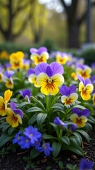 A vibrant garden with purple and yellow flowers