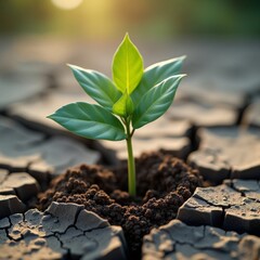 A lone green leaf sprouting from a dry patch of soil
