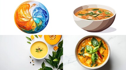 Collage featuring soup bowls, autumn shades, and a swirling colorful orb