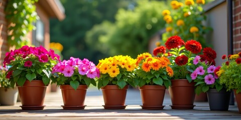 A colorful array of flowers in potsSunlit wooden patio with flower potsVivid red, pink, yellow, and