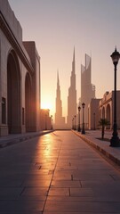 Sunset in a city with modern buildings and classical architecture