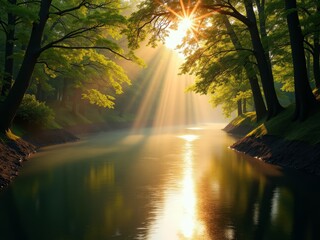 Beautiful sunrise over lake through misty trees