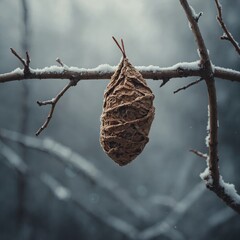 A moth cocoon on twig, winter stillness, clean tone