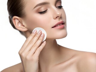  Realistic photo of a woman&rsquo;s hand gently pressing a cotton pad with acne-fighting toner on the chin area, clean white background, no face visible.