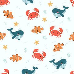 A seamless pattern of sea creatures including a whale, crab, and clown fish