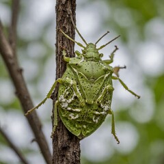 A green stink bug dormant on tree, soft white