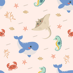A seamless pattern of colorful underwater scene with a variety of sea creatures, including a whale, a stingray, and a crab. The image has a playful and whimsical mood