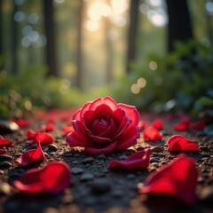 Blooming rose amidst fallen petals on forest floor