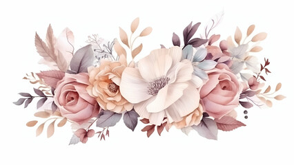 A delicate arrangement of pastel-colored flowers and foliage in a soft, elegant design.