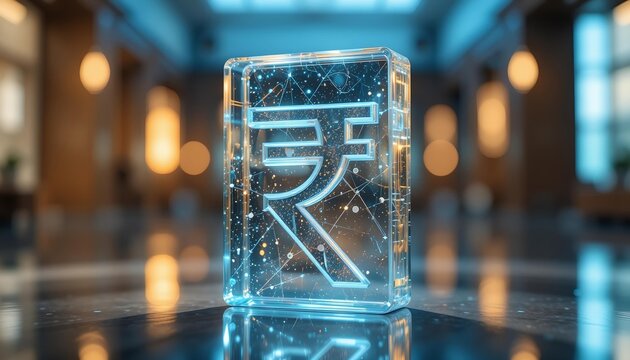 Transparent glass rupee symbol floating in the air, representing economic transparency, trust, and financial growth in India