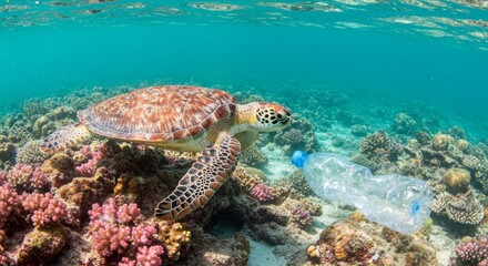 Fototapeta premium Sea turtle swimming gracefully through vibrant coral reef, encountering plastic bottle, highlighting ocean pollution and marine life interaction in underwater ecosystem 
