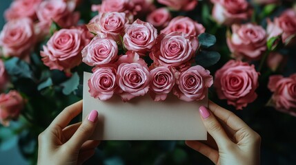 Pink roses envelope in hand