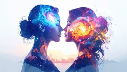 Fototapeta premium Two Women Silhouettes with Cosmic and Colorful Elements Representing Connection, Mindfulness, Imagination, and Emotional Depth in Artistic Composition