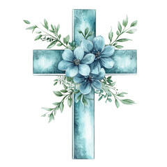 A serene cross adorned with elegant blue flowers and verdant leaves, representing faith and spiritual beauty. This image embodies peace, serenity, and the hope of spiritual devotion.